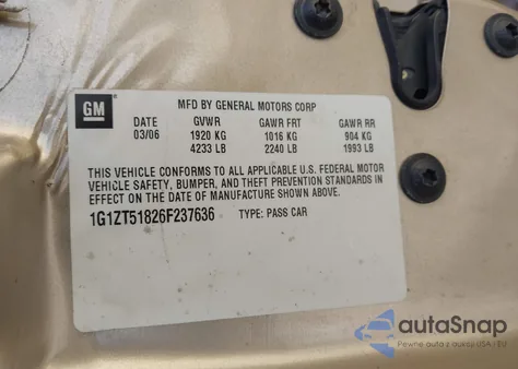 2006 Chevrolet Malibu Lt z USA, uszkodzony, nr VIN 1G1ZT51826F237636